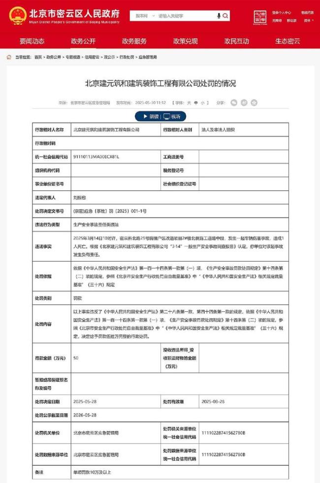 新利luck18官网对亡人变乱负有义务 北京建元筑和修建粉饰工程有限公司被罚50(图1)